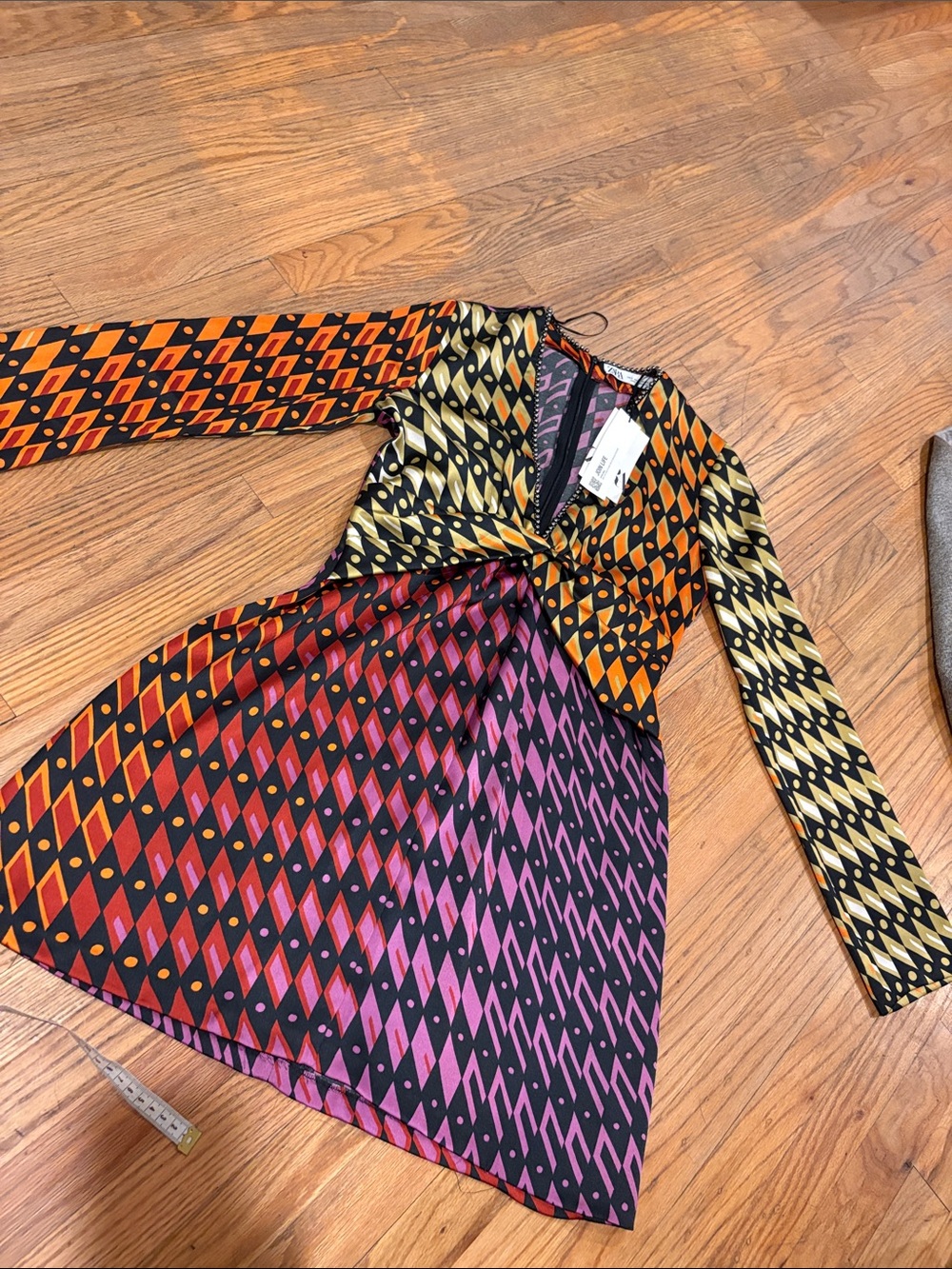 Zara Girls' Black, Orange, Pink & Yellow Geometric Twist-Front Dress